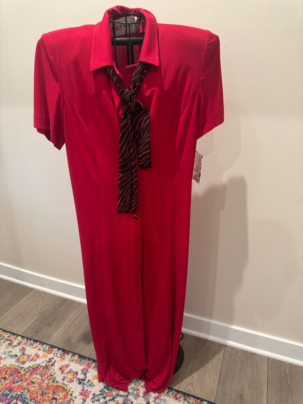 Leslie Fay Red Maxi Shirt Dress Scarf Tie Short Sleeve Vintage